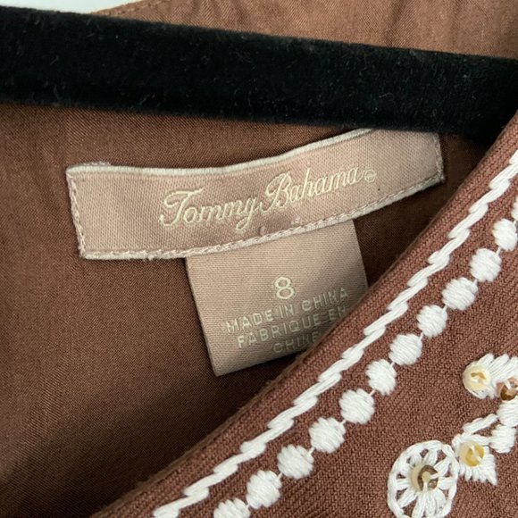 Tommy Bahama Linen Silk Sheath Embroidered Sleeveless Midi Dress Brown Size 8 - Picture 5 of 11